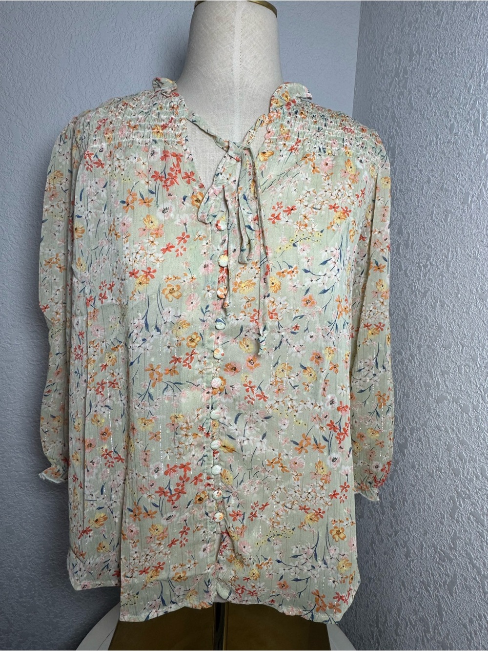 MINE Women’s Sheer Floral Blouse L Seafoam Green Boho Cottagecore